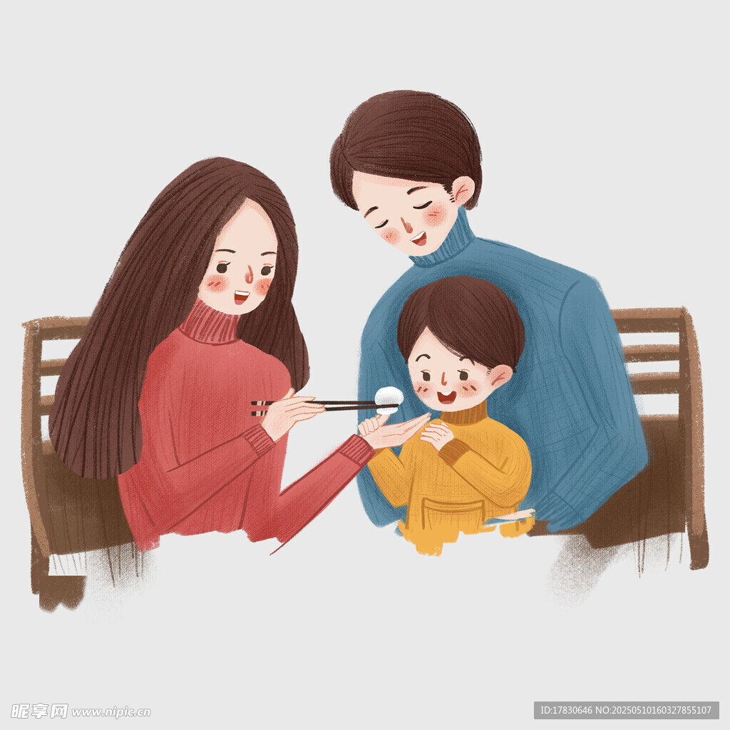 一家三口溫馨長椅時光