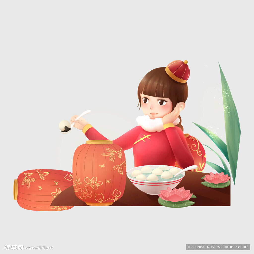 女孩喜慶吃湯圓賀佳節