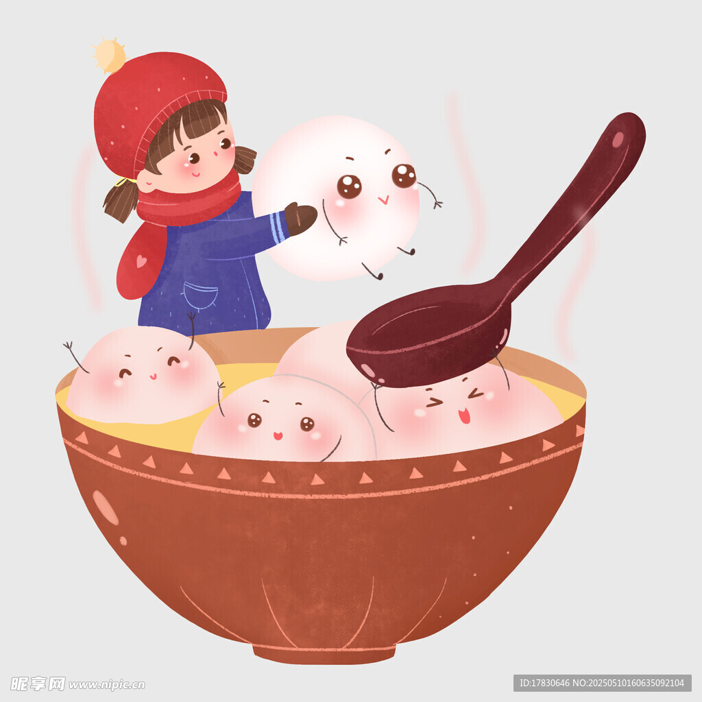 女孩與湯圓的溫馨畫面
