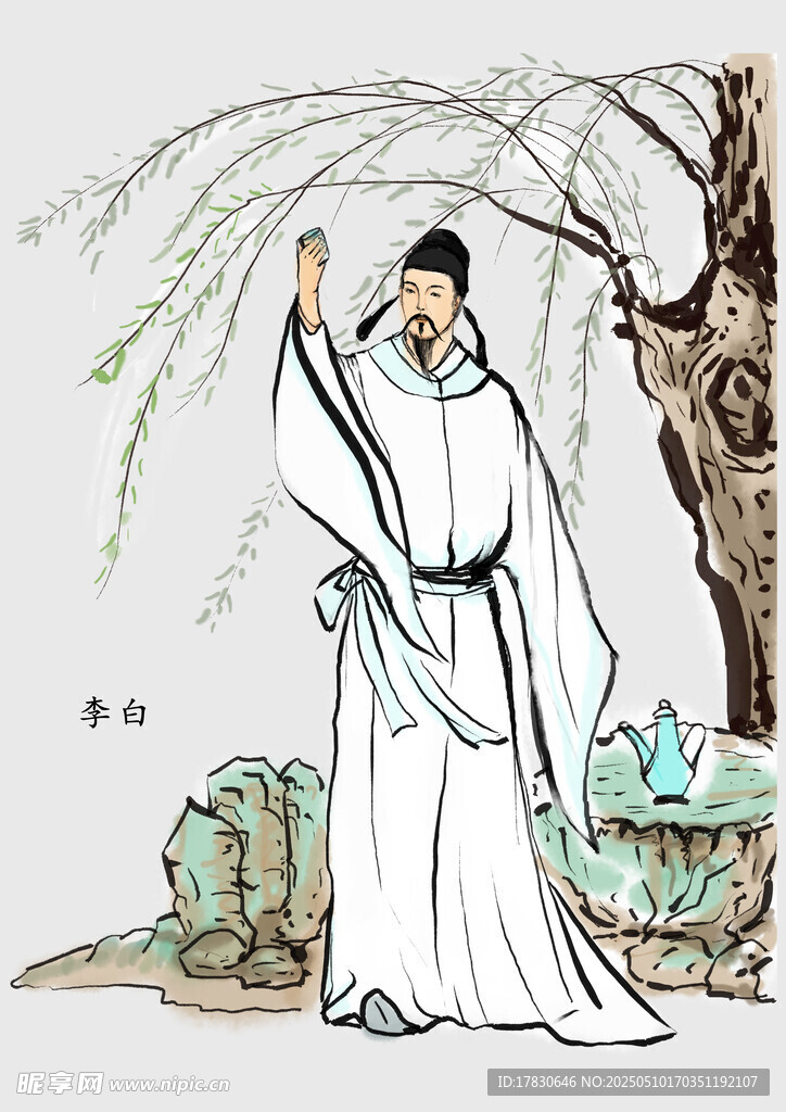 古裝男子倚樹而立賞景