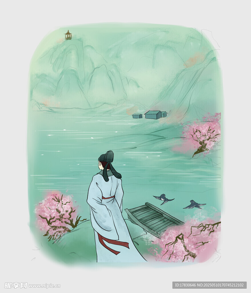 古風佳人江畔賞景圖