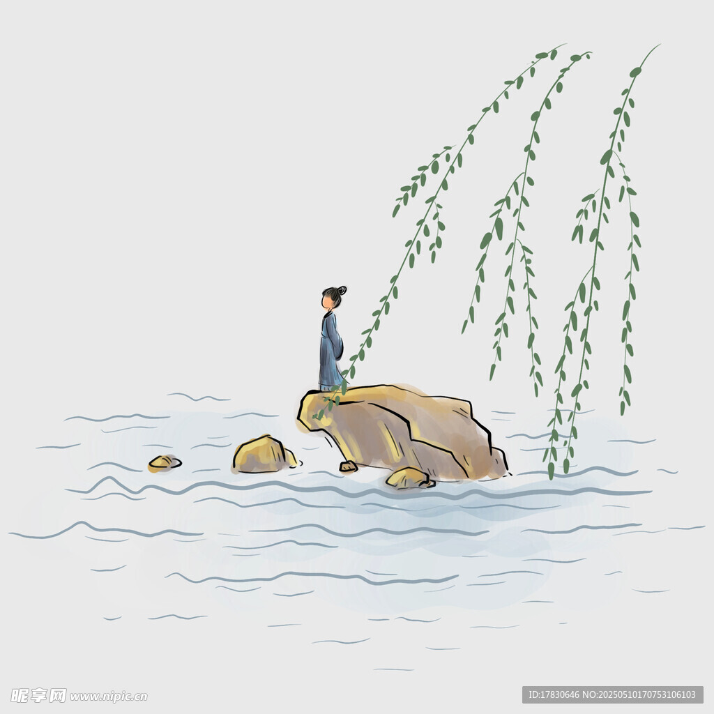 岸邊垂柳下的獨站之人