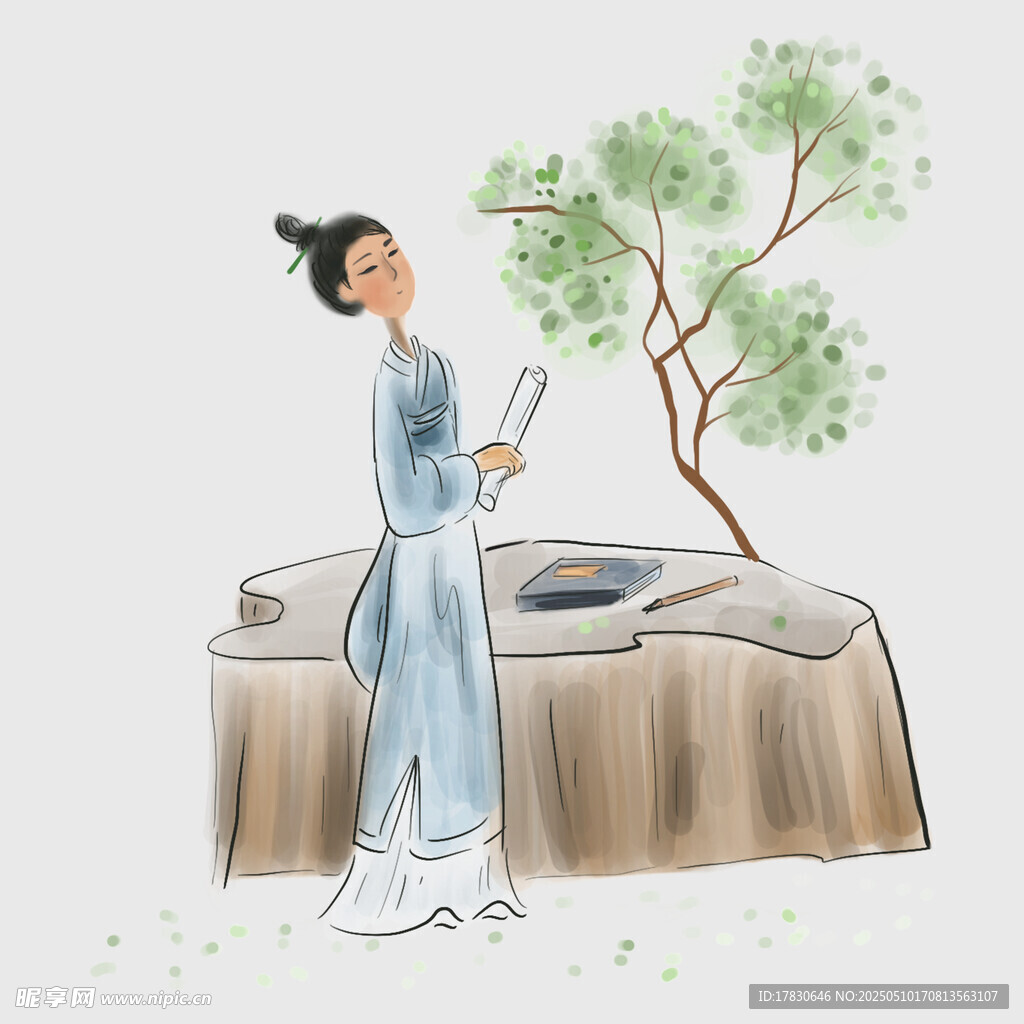 古裝女子倚樹持扇賞景