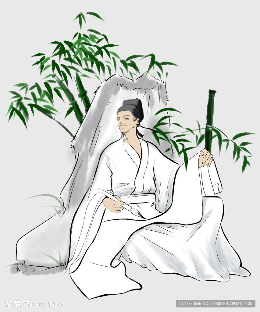 白衣雅士坐于竹林間