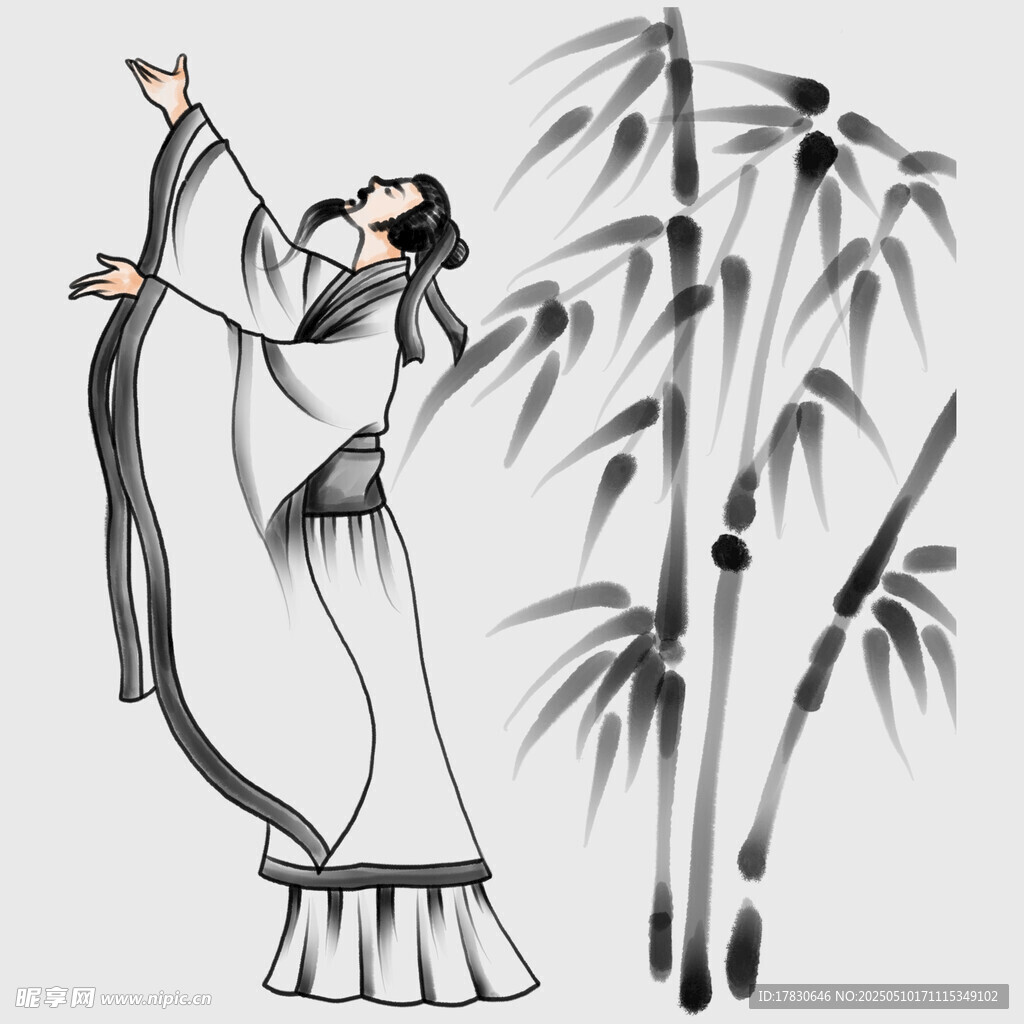 古典女子伴竹起舞