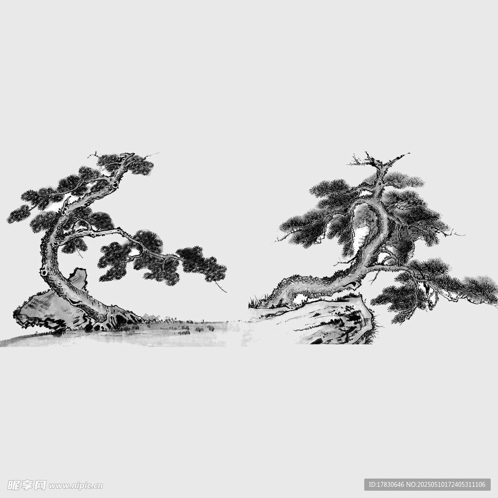 中式水墨雙松圖