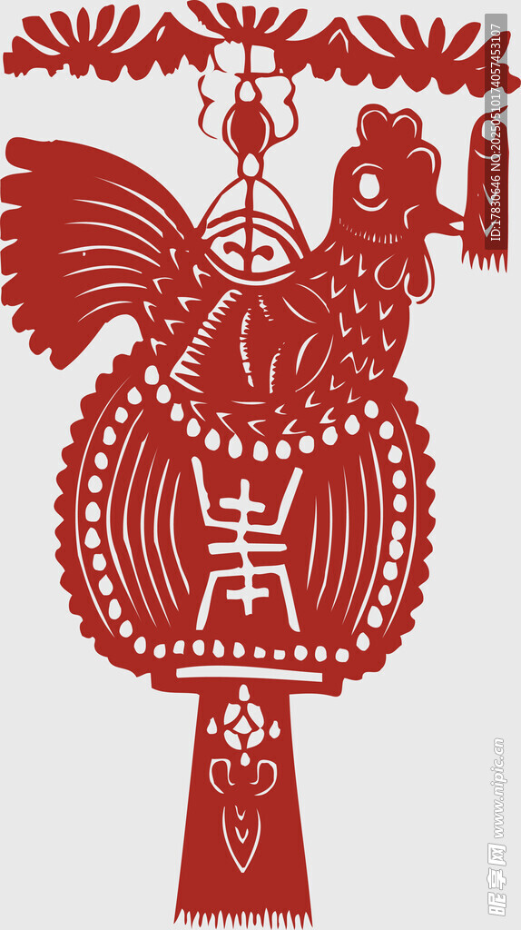 傳統剪紙風公雞掛飾圖案