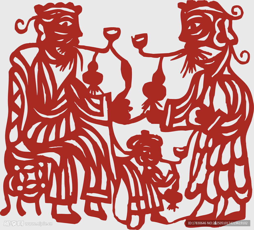 傳統剪紙人物飲酒場景