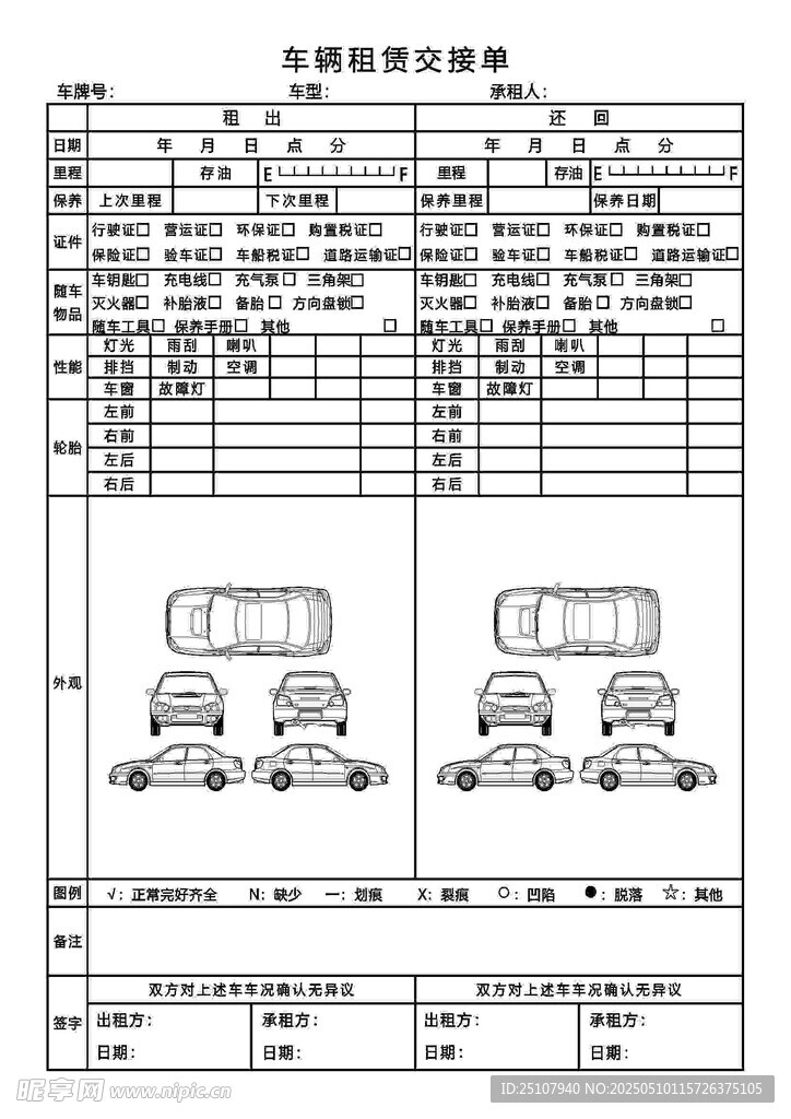 車輛租賃交接驗車單