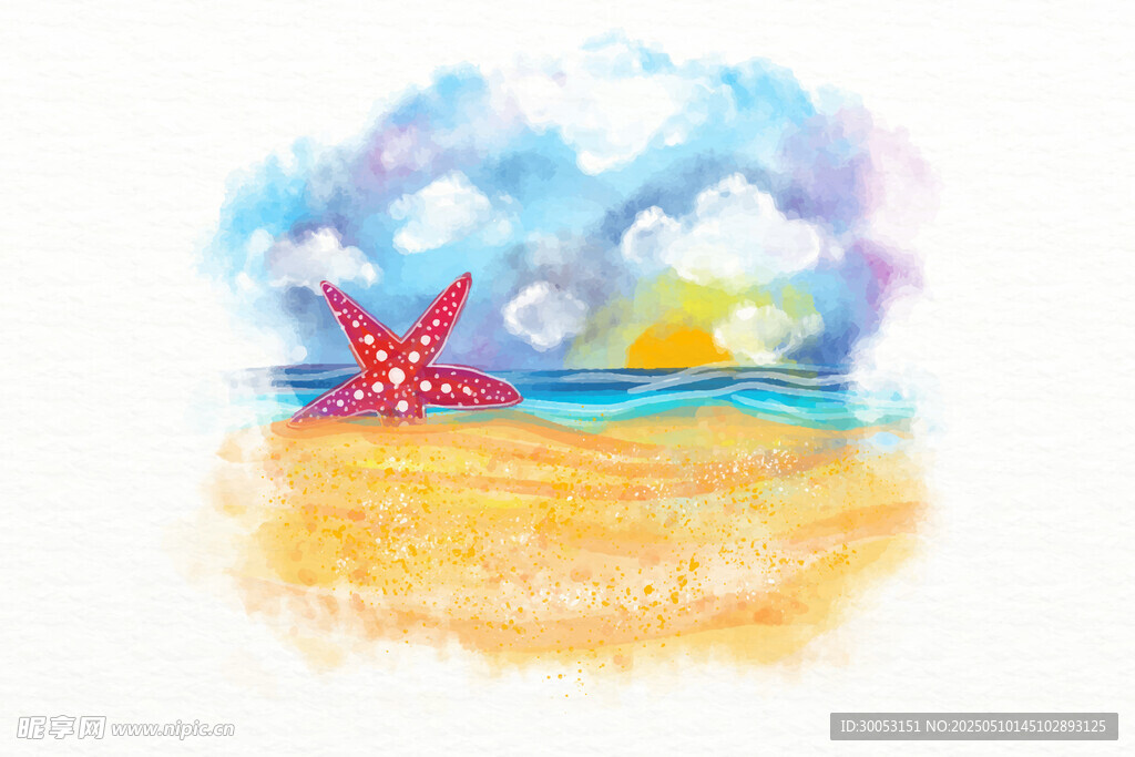 夢幻海星沙灘水彩畫