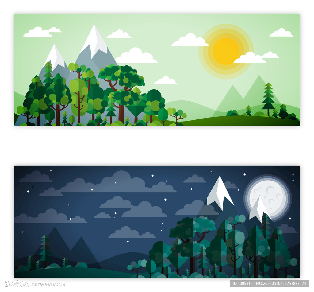 日夜山林風景插畫