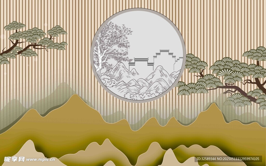中式山水月夜意境圖