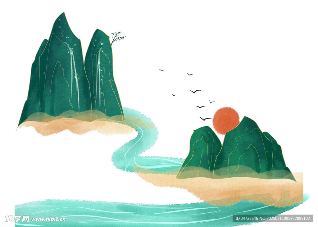 山水落日飛鳥詩意美景