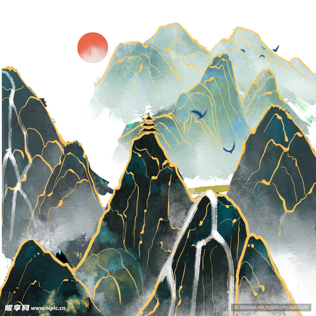 水墨山川間紅日飛鳥(niǎo)之景