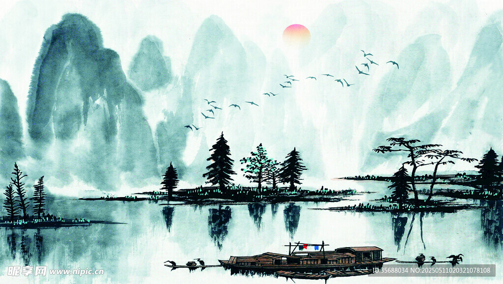 水墨山水間的孤舟美景