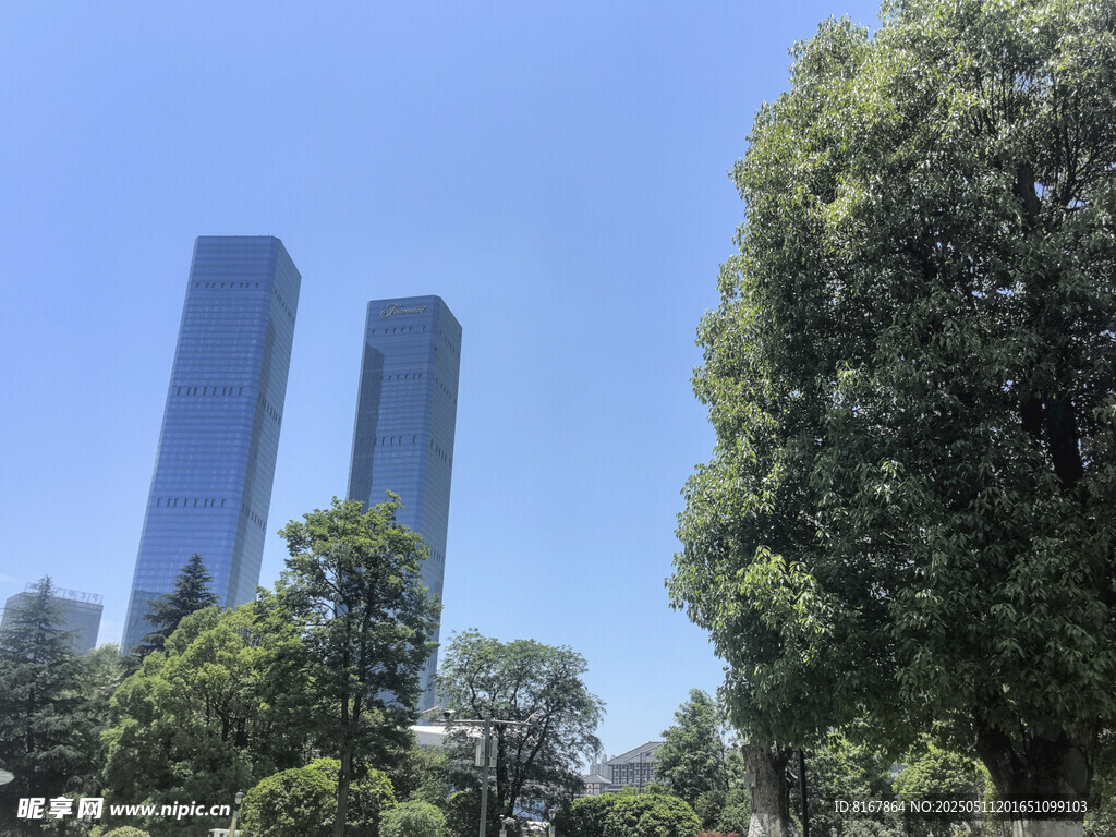 城市綠樹間的摩天大樓