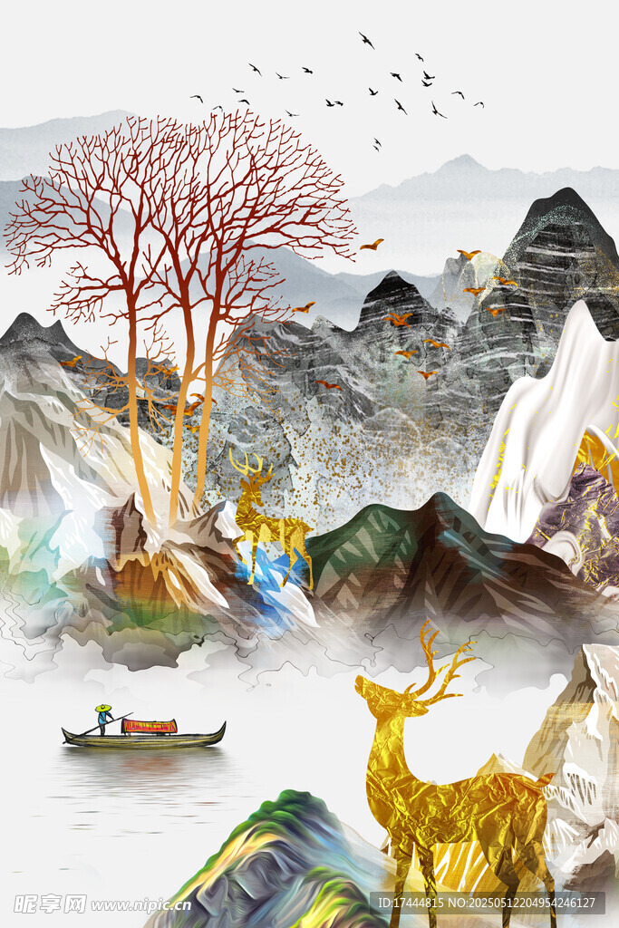 麋鹿山水玄關(guān)裝飾畫