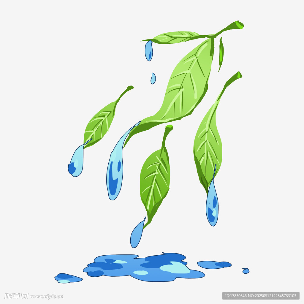 綠葉滴水水彩清新畫面