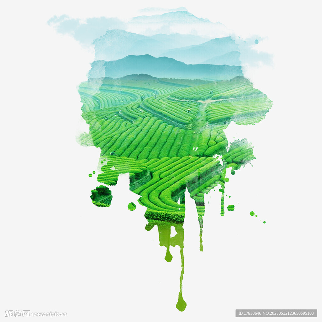 水墨風綠色田野景觀圖