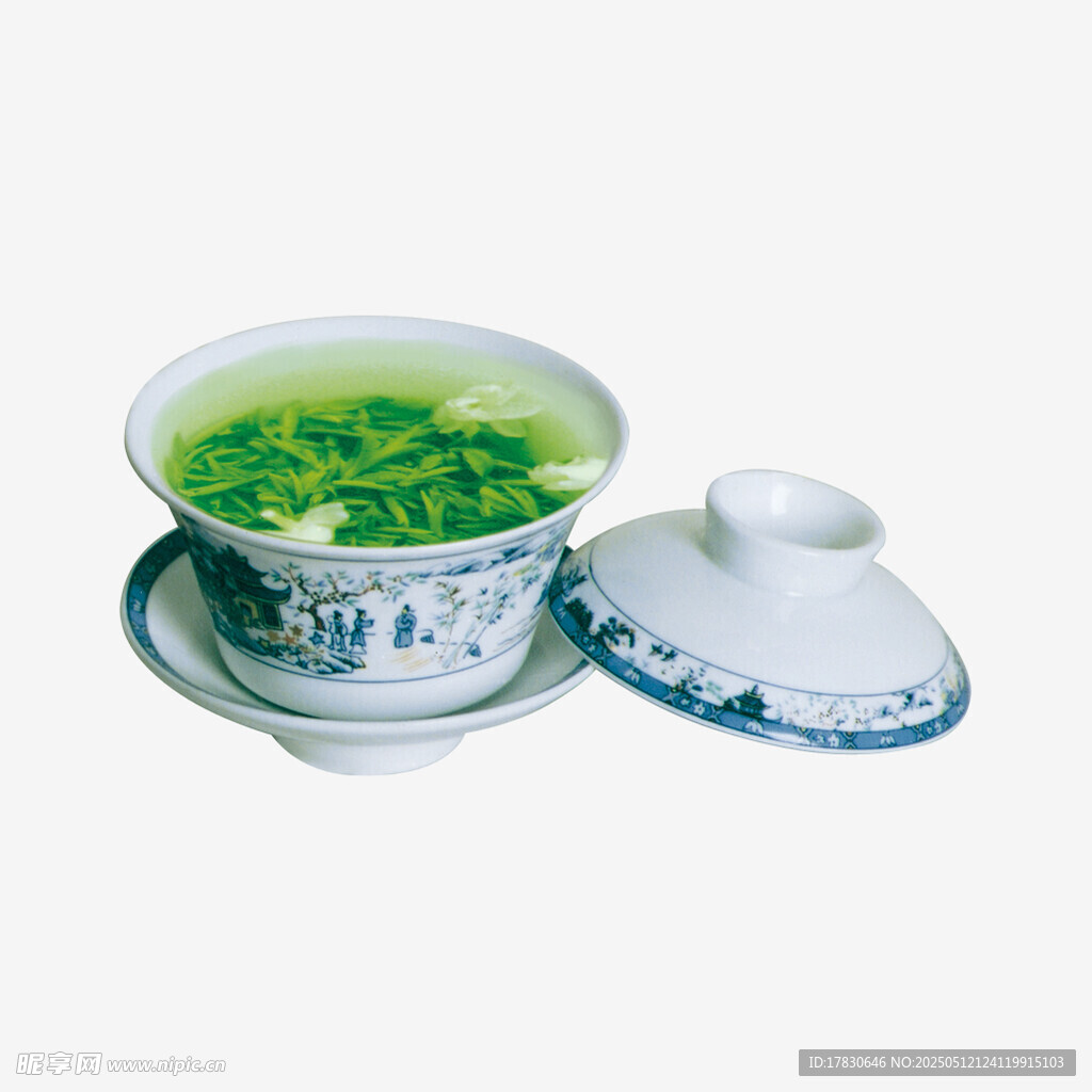 青花瓷蓋碗泡的清香綠茶