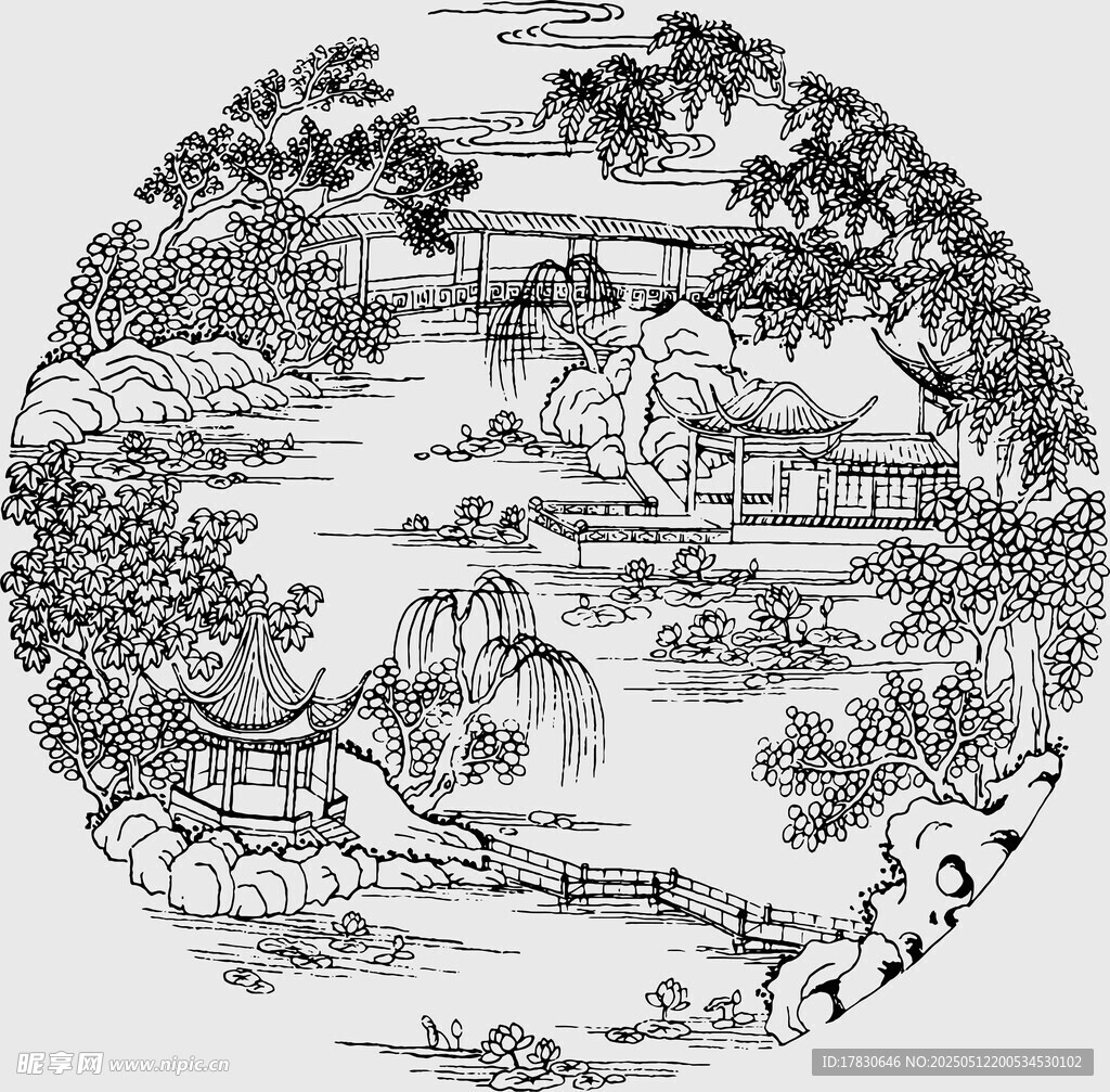 中式園林黑白線描圖案