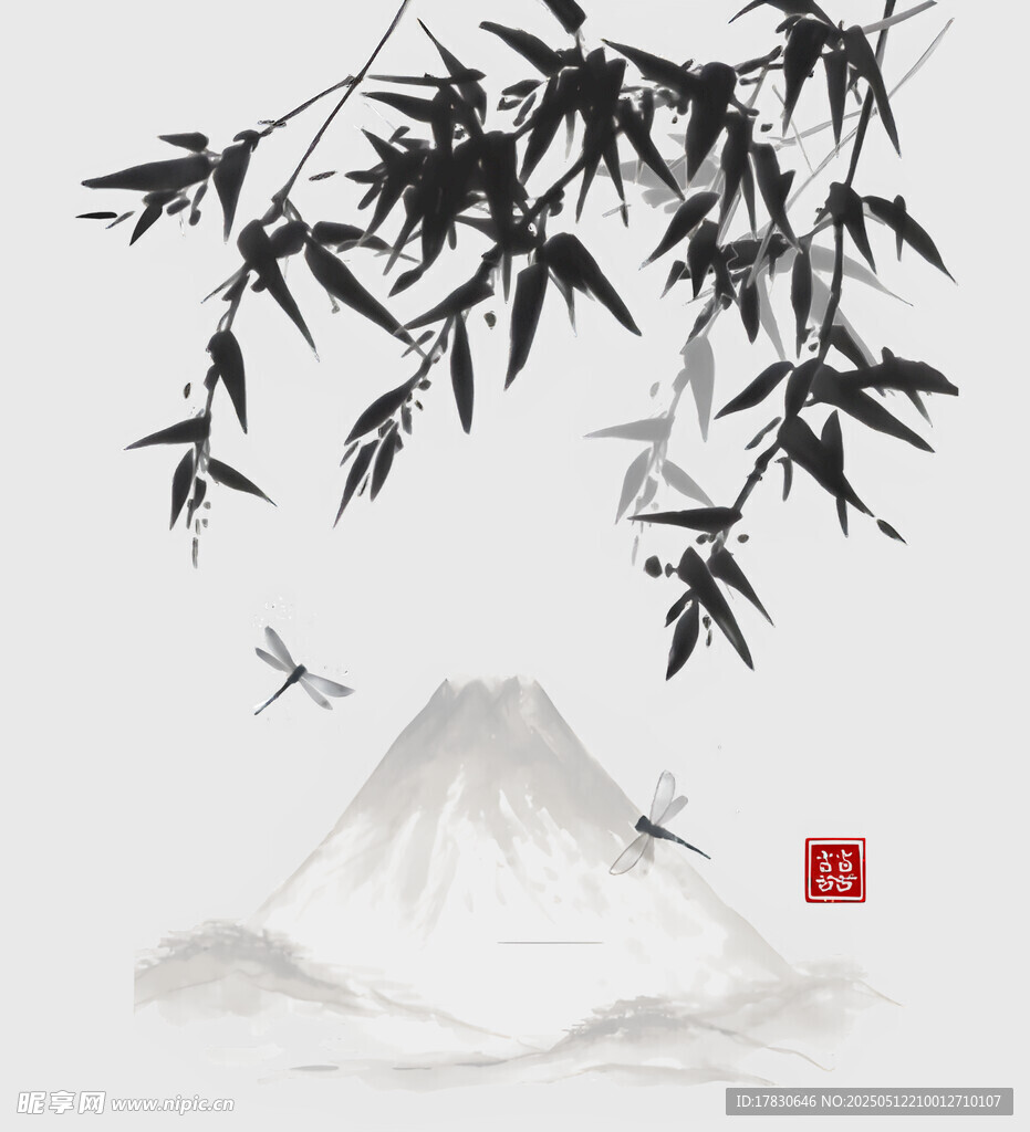 水墨山水竹葉蜻蜓圖