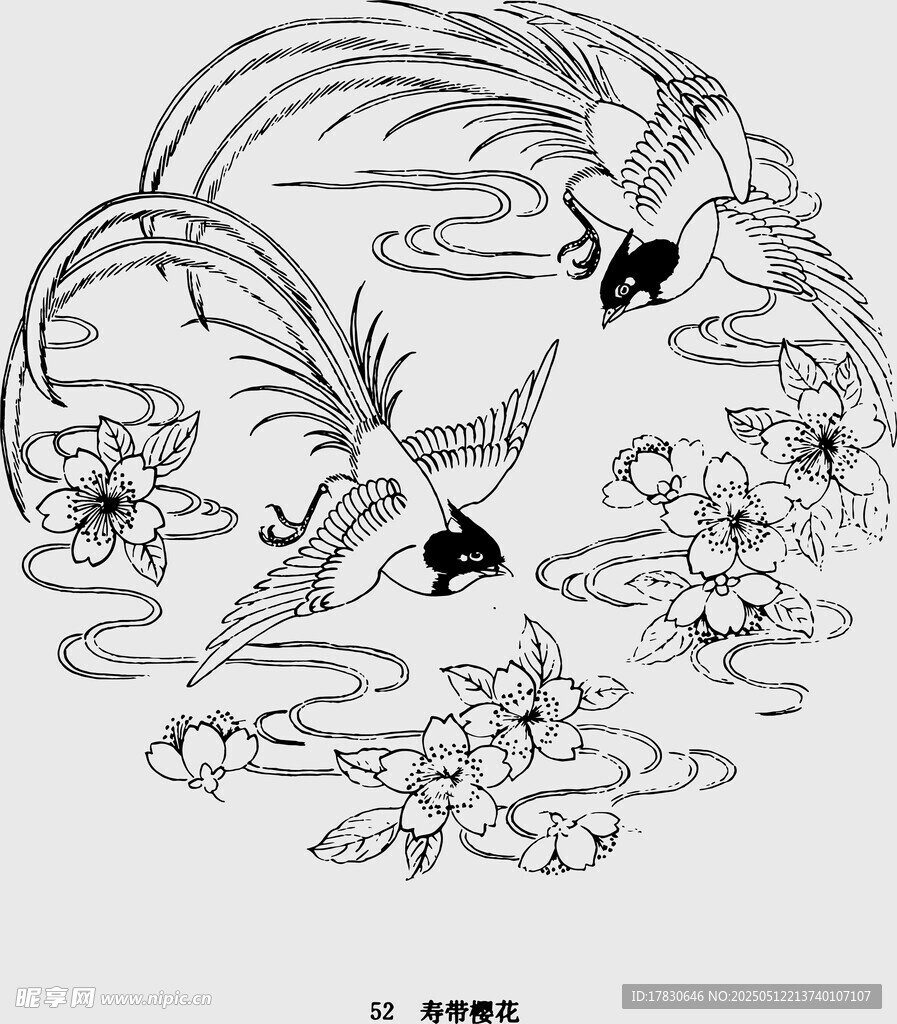 雙鳳戲花線描圖案