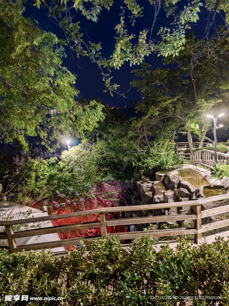 夜晚林間木柵欄景觀