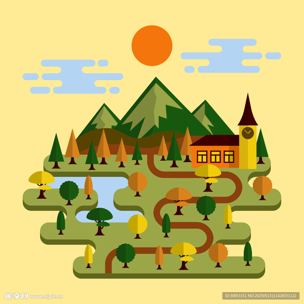 秋日鄉村風景插畫