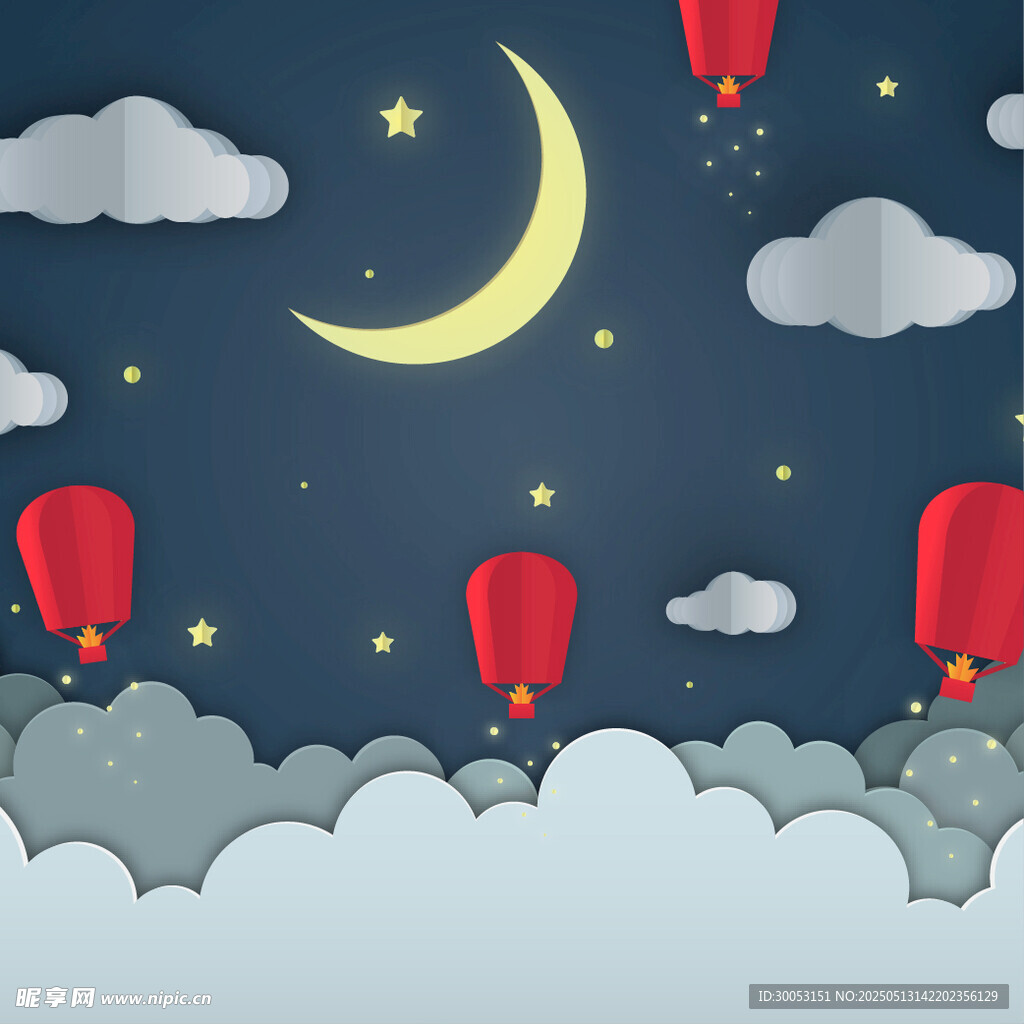 夜空中的孔明燈與新月