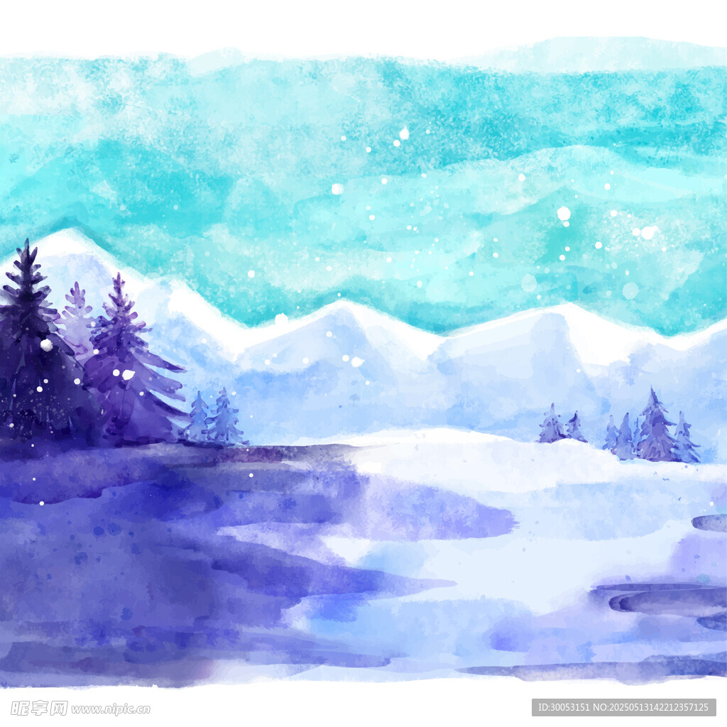 冬日雪景水彩畫風景圖