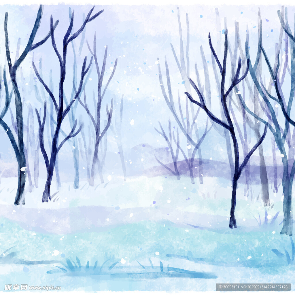 冬日雪林水彩風(fēng)景圖