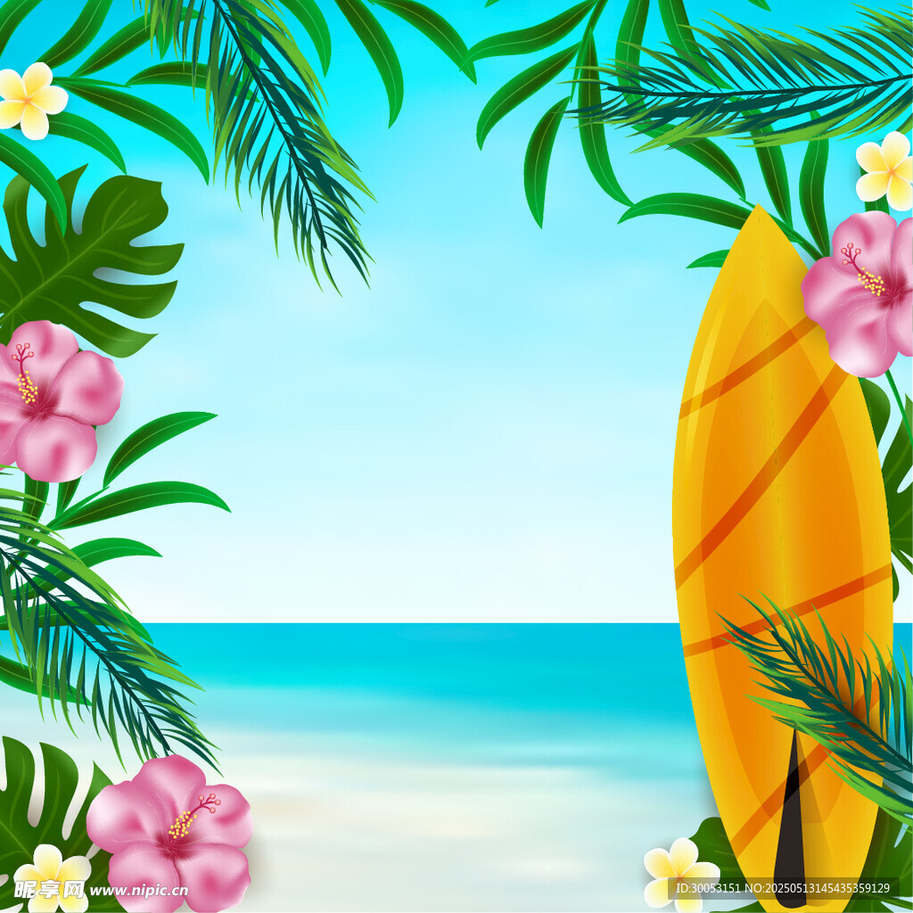 熱帶海灘沖浪板花卉美景