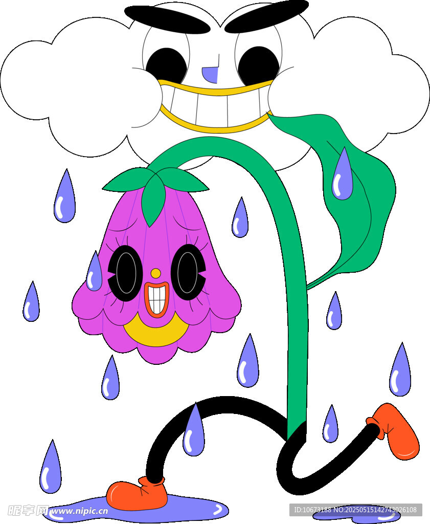卡通花朵雨中歡快奔跑