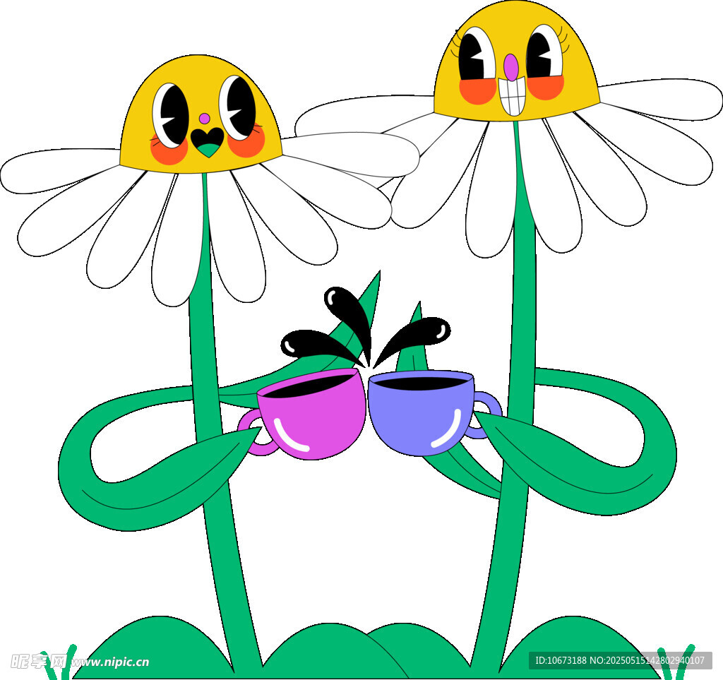 兩朵花喝茶的可愛插畫