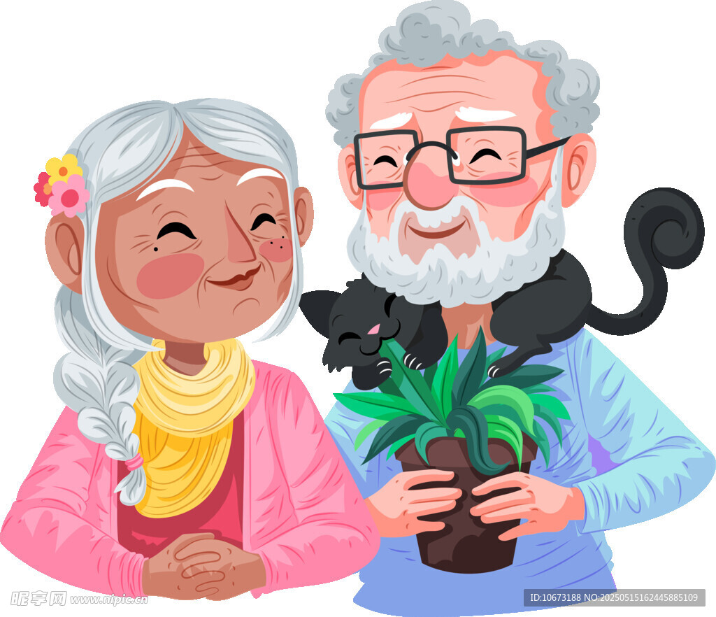 老夫婦與綠植黑貓溫馨畫面