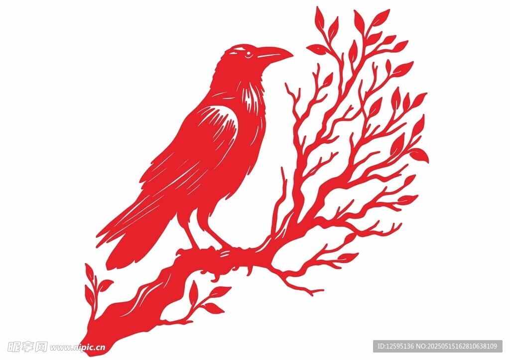 枝頭紅鳥剪紙藝術圖