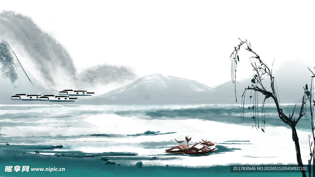 江上孤舟水墨山水圖景