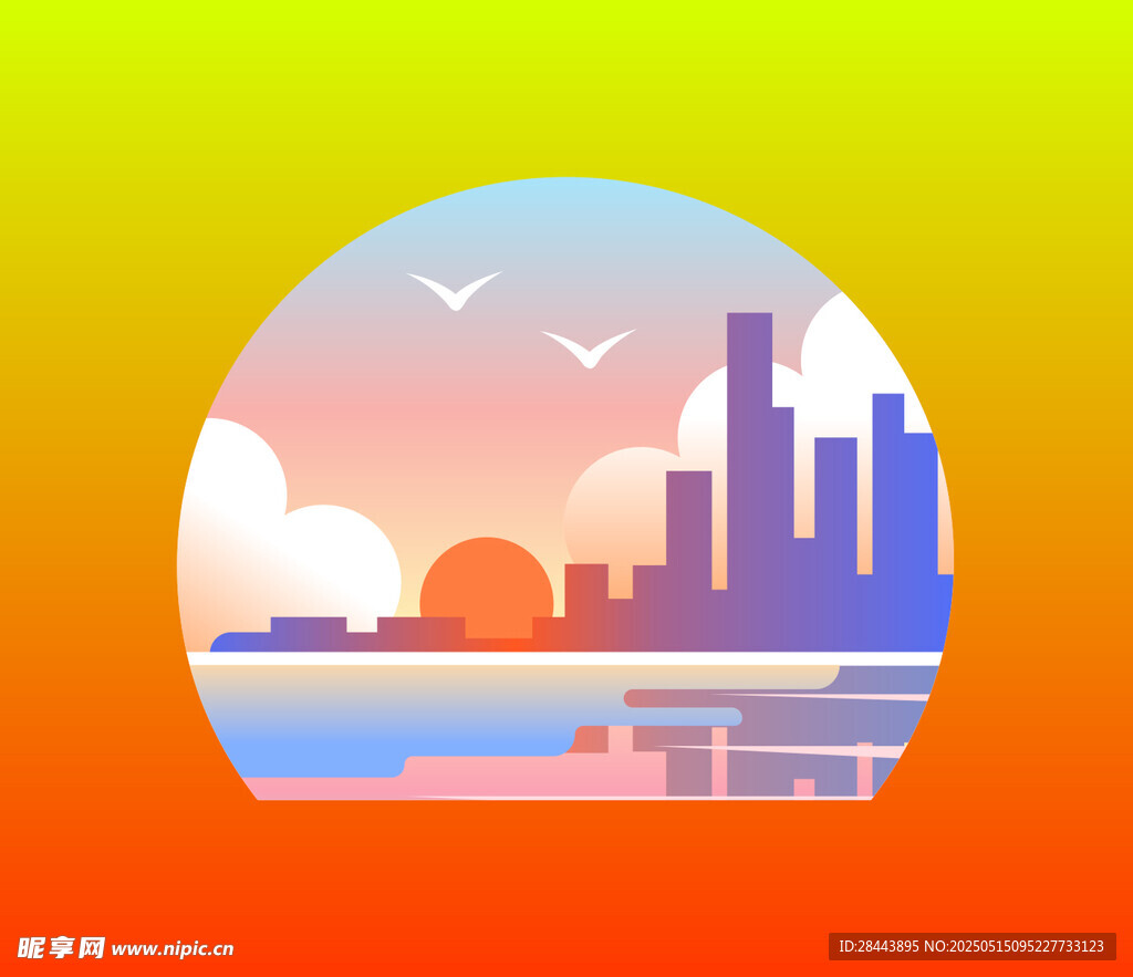 城市黃昏天際線風景插畫