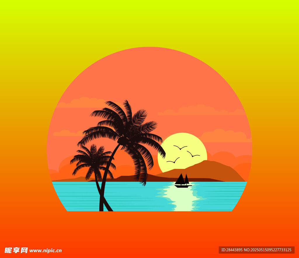 夕陽下的海邊棕櫚樹美景