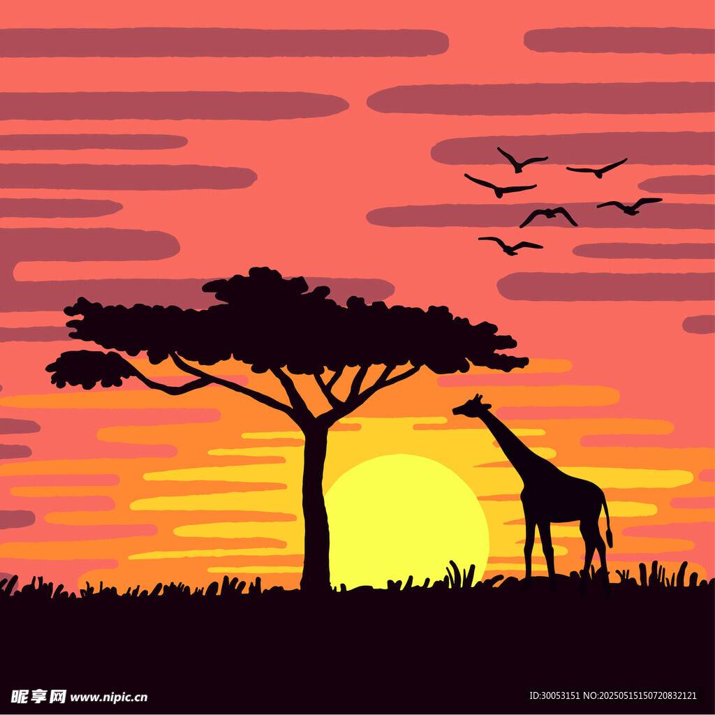 夕陽下的長頸鹿與孤樹