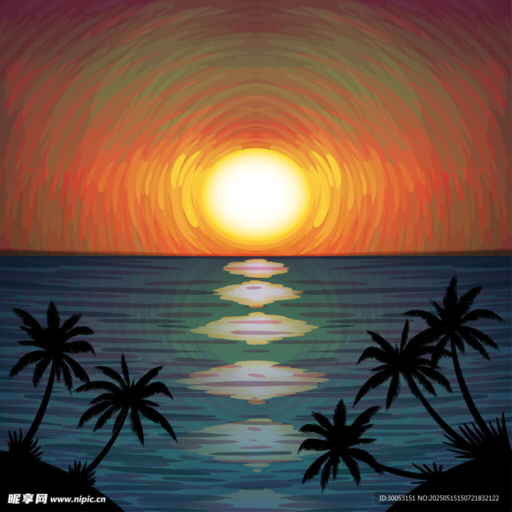 海邊日落美景與椰樹剪影