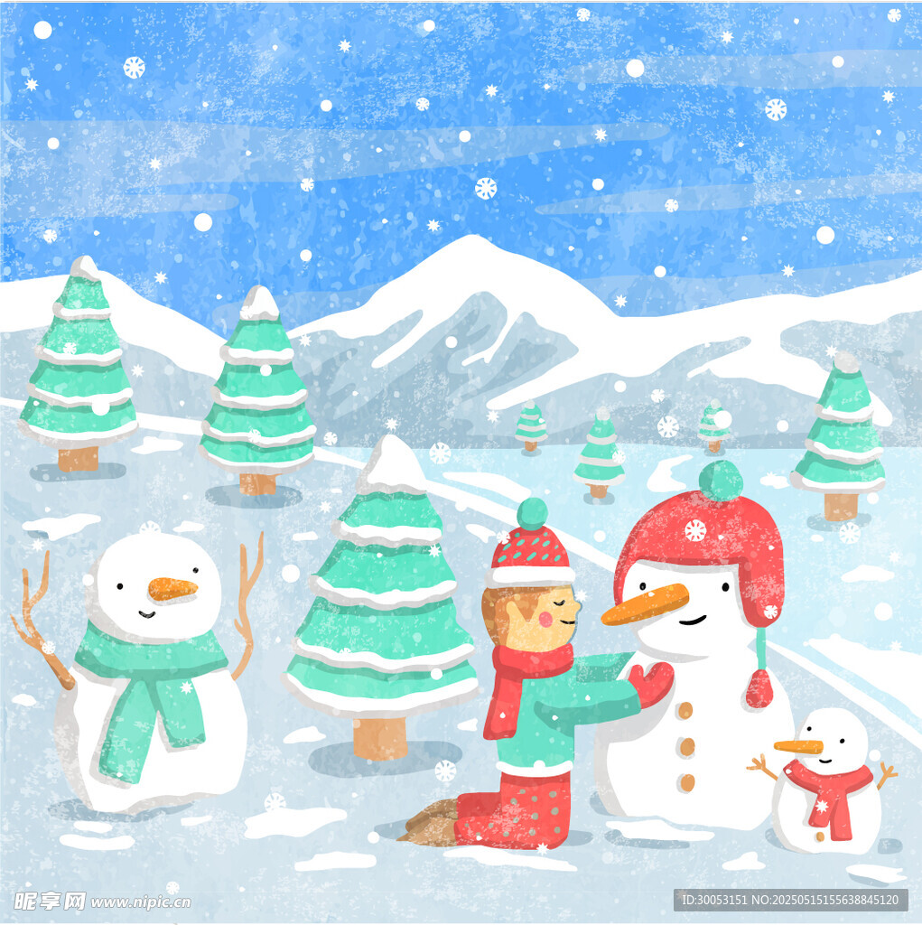 冬日雪地中的歡樂堆雪人