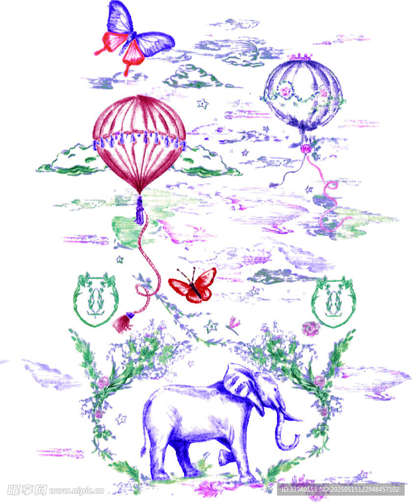 夢幻手繪動物與熱氣球場景