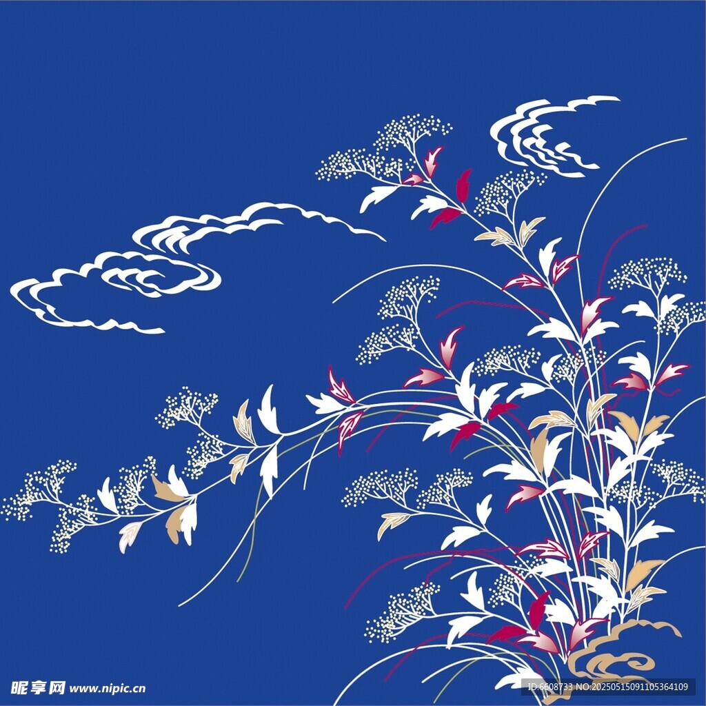 中式藍底花卉飛鳥圖案
