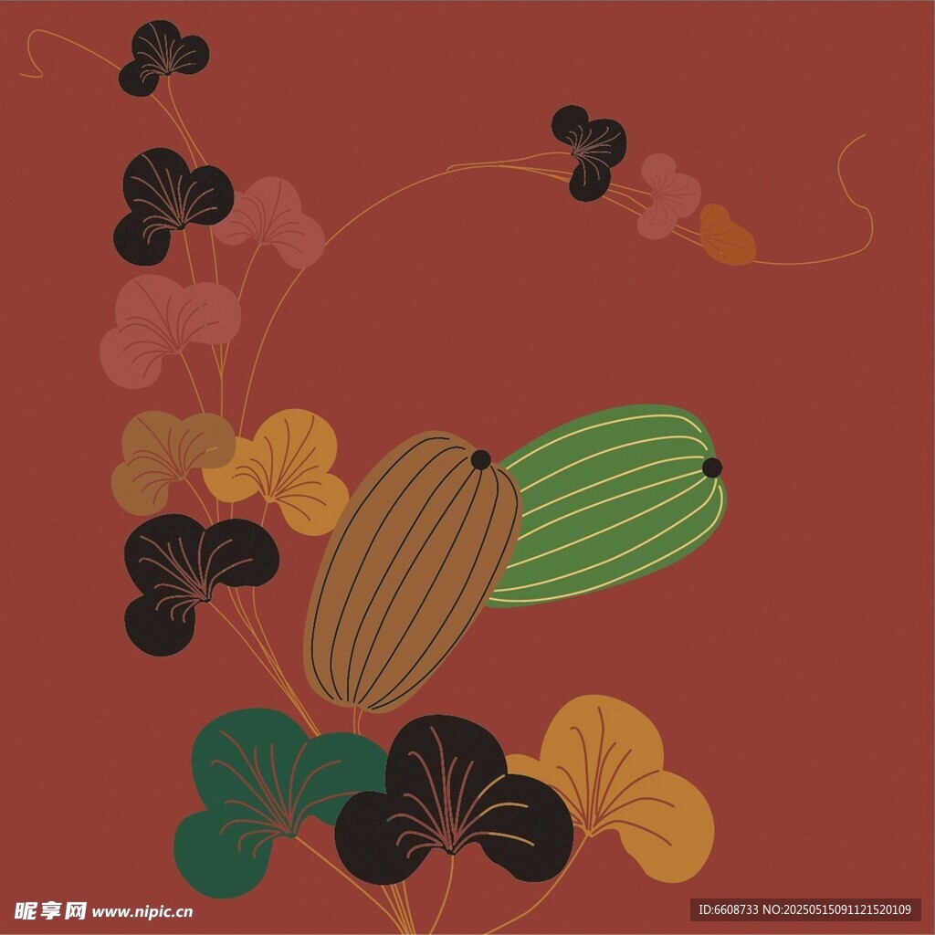 中式瓜葉花卉裝飾圖案