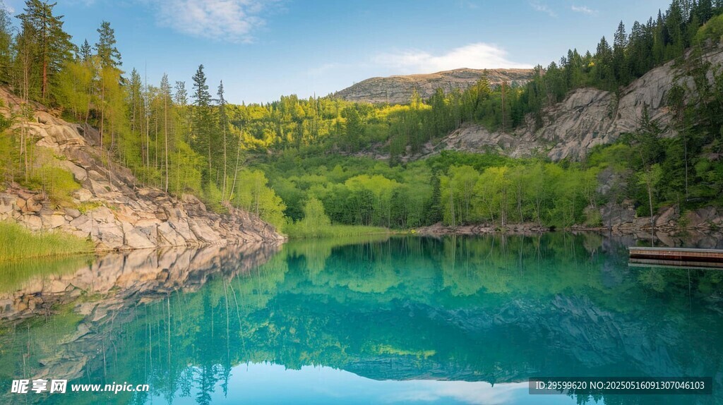 清澈碧綠的山間湖泊美景