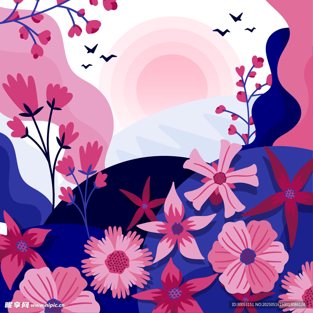 日落繁花景插畫