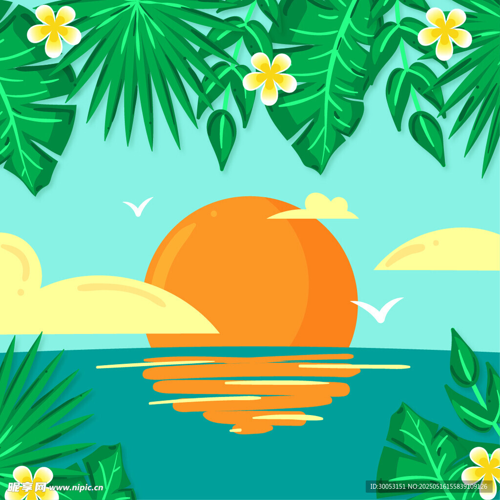 海邊日落熱帶風光插畫