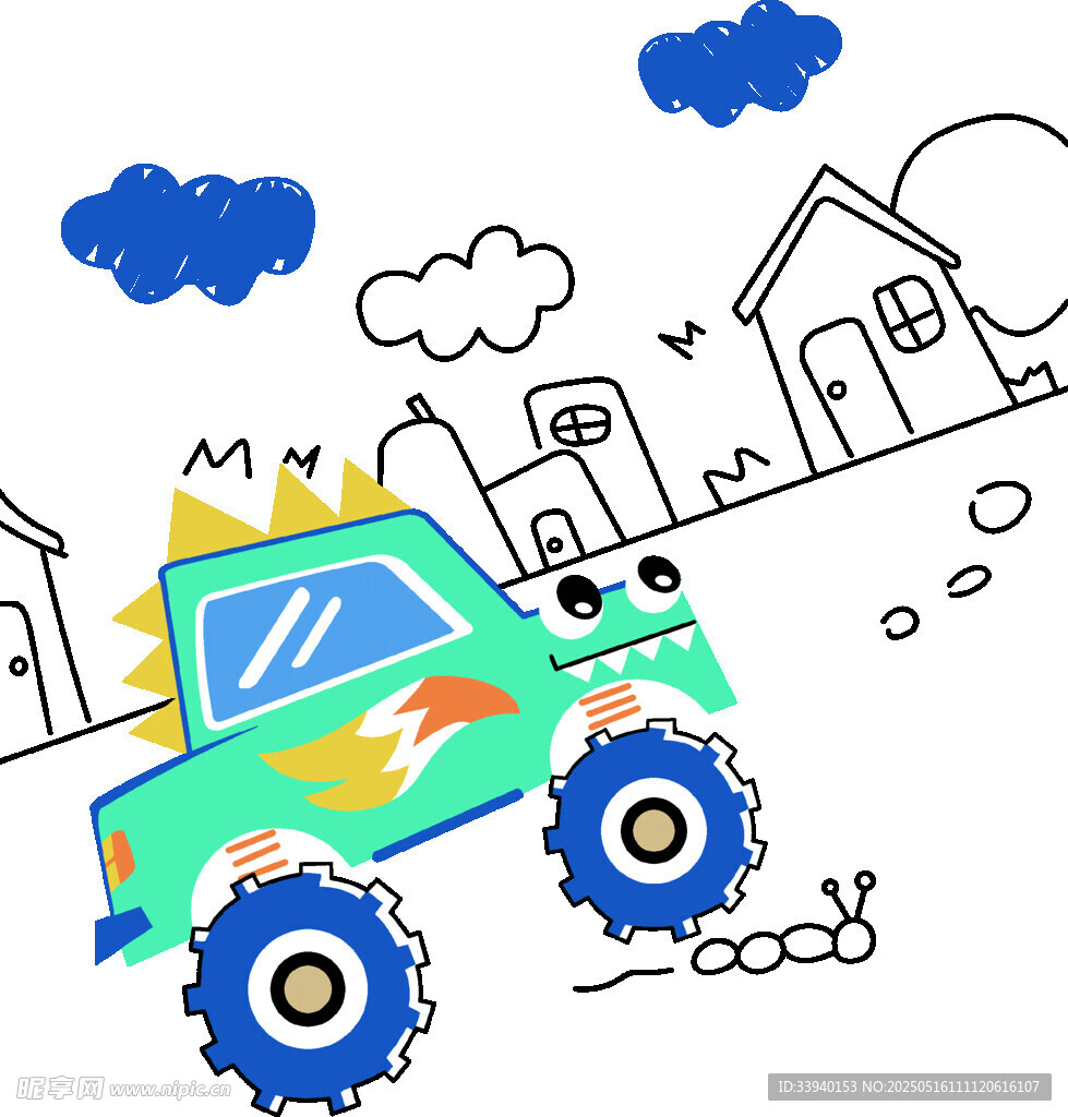 卡通越野汽車行駛在小鎮(zhèn)旁